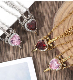Love Dagger Couple Necklace – Heart & Dagger Pendant Necklace in Gold & Silver